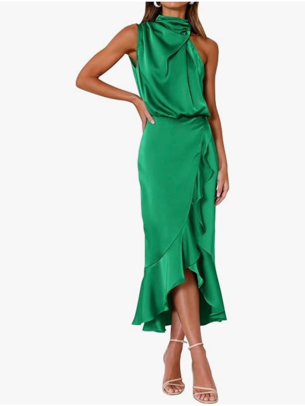 Sleeveless Emerald Midi Dress with Draped Neck and Ruffle Detail NWT